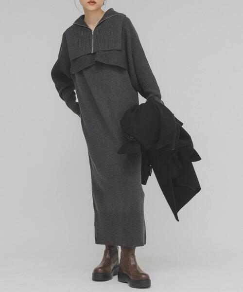 KBF(ケイビーエフ)の「ハーフZIPレイヤードニットワンピース(ワンピース・レディース・ベージュ/チャコールグレー・ONE)」の14枚目の写真