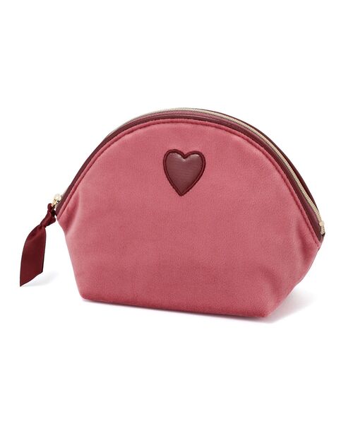 ハートワッペン ベロアポーチ S ピンク ポケット付き 化粧ポーチ