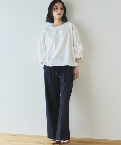 Doux archives（ドゥアルシーヴ）の「【多機能麻調合繊】センタープレスパンツ（スラックス・レディース・ネイビー/ベージュ・FREE）」の3枚目の写真