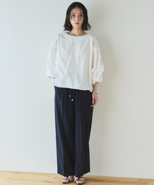 Doux archives（ドゥアルシーヴ）の「【多機能麻調合繊】センタープレスパンツ（スラックス・レディース・ネイビー/ベージュ・FREE）」の5枚目の写真