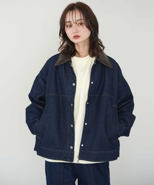 Bulue.（ブルー）の「【Bulue.】レザー襟付きデニムブルゾン（デニム