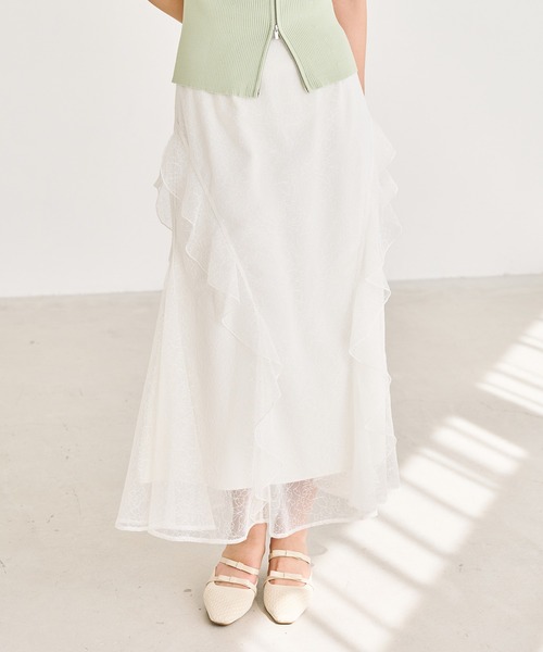 31 Sons de mode（トランテアン　ソン　ドゥ　モード）の「2026春夏新作 レースセミマーメイドスカート（スカート・レディース・オフホワイト/ライトグリーン・S/M）」の2枚目の写真