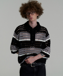 Net Stripe Collar knit - Black