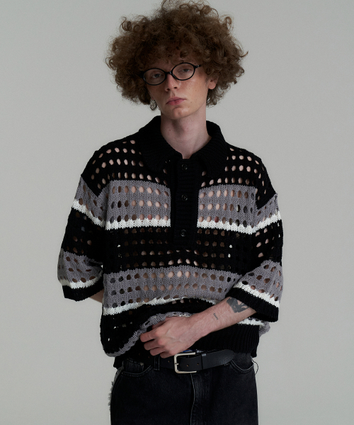 Net Stripe Collar knit - Black