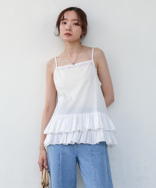 Bab（バブ）の「コットンフリルキャミトップス（キャミソール・レディース・オフホワイト/ブラック・MEDIUM）」の6枚目の写真