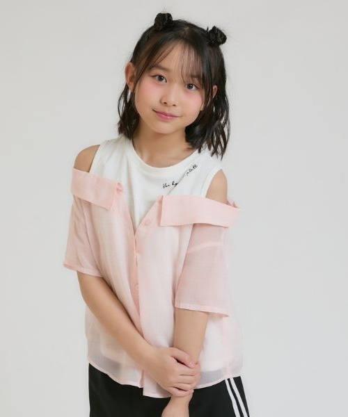 PINK-latte（ピンクラテ）の「肩あきシアーチェックドッキングシャツ（シャツ/ブラウス・キッズ・オフホワイト/サックスブルー/ライトピンク/ブラック・130cm/120cm/160cm/150cm/140cm）」の4枚目の写真