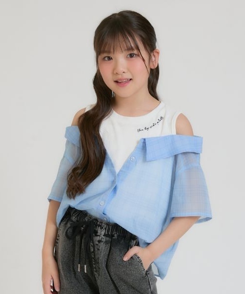 PINK-latte（ピンクラテ）の「肩あきシアーチェックドッキングシャツ（シャツ/ブラウス・キッズ・オフホワイト/サックスブルー/ライトピンク/ブラック・130cm/120cm/160cm/150cm/140cm）」の3枚目の写真