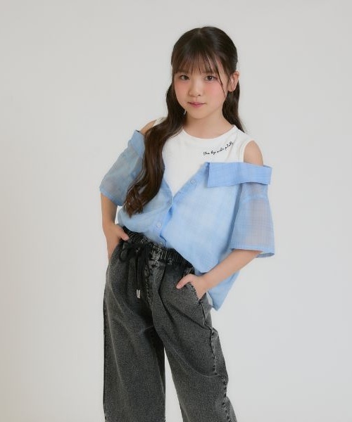 PINK-latte（ピンクラテ）の「肩あきシアーチェックドッキングシャツ（シャツ/ブラウス・キッズ・オフホワイト/サックスブルー/ライトピンク/ブラック・130cm/120cm/160cm/150cm/140cm）」の22枚目の写真