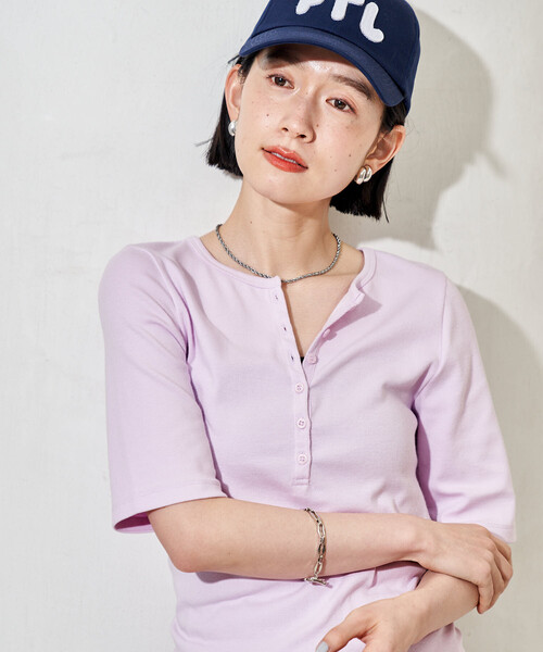 FREAK'S STORE(フリークスストア)の「コットンモダール ヘンリーネック 半袖Tシャツ(Tシャツ/カットソー・レディース・ホワイト/ライトグレー/ピンク/ネイビー/ブラック・フリ-)」の1枚目の写真