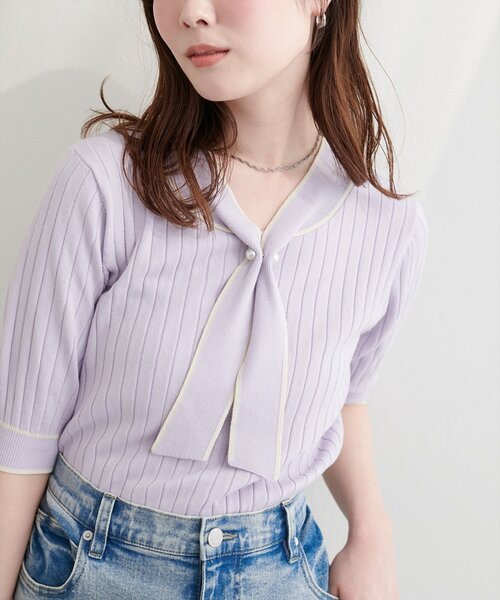 natural couture(ナチュラルクチュール)の「パール付きボータイバイカラーニット(ニット/セーター・レディース・オフホワイト/サックスブルー/ピンク/ネイビー/ラベンダー・FREE)」の18枚目の写真