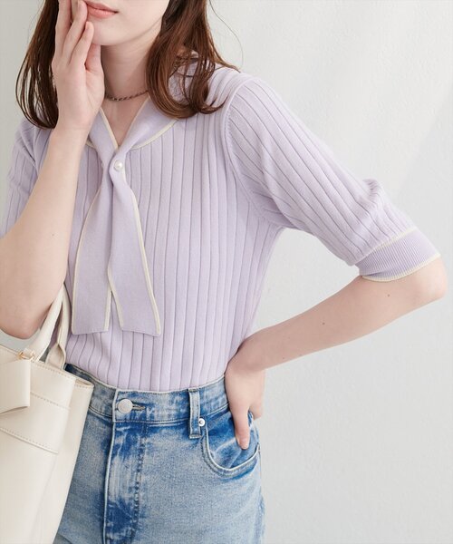 natural couture(ナチュラルクチュール)の「パール付きボータイバイカラーニット(ニット/セーター・レディース・オフホワイト/サックスブルー/ピンク/ネイビー/ラベンダー・FREE)」の19枚目の写真