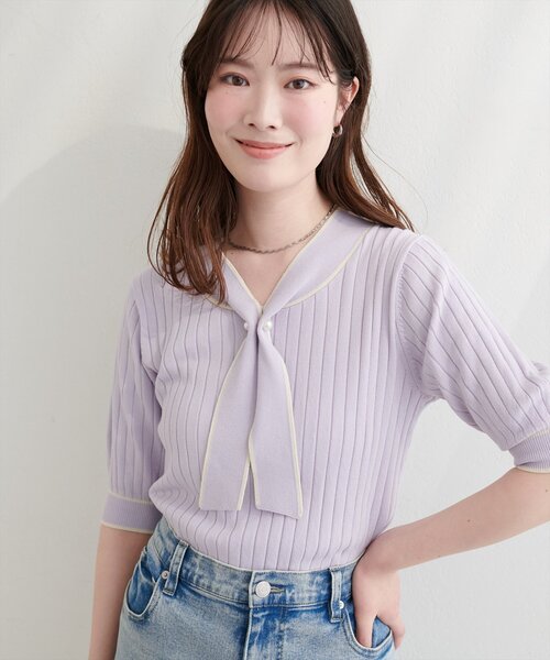 natural couture(ナチュラルクチュール)の「パール付きボータイバイカラーニット(ニット/セーター・レディース・オフホワイト/サックスブルー/ピンク/ネイビー/ラベンダー・FREE)」の20枚目の写真