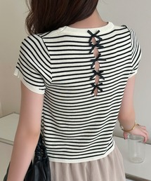 【360度可愛いバックリボン】半袖 刺繍リボン バックカットアウト Tシャツ レディース