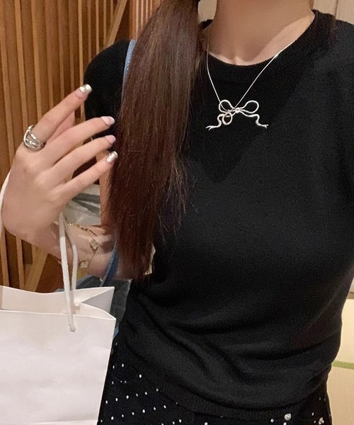 DAY CLOSET(デイ クローゼット)の「【360度可愛いバックリボン】半袖 刺繍リボン バックカットアウト Tシャツ レディース(Tシャツ/カットソー・レディース・アイボリー/ブラック/ホワイト×ブラック・FREE)」の19枚目の写真