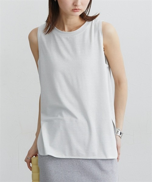 nissen(ニッセン)の「ラメニットソーラウンドヘムタンクトップ(Tシャツ/カットソー・レディース・ブラック/オフホワイト・M/L/LL)」の1枚目の写真