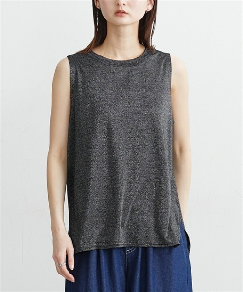 nissen(ニッセン)の「ラメニットソーラウンドヘムタンクトップ(Tシャツ/カットソー・レディース・ブラック/オフホワイト・M/L/LL)」の2枚目の写真