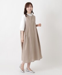 綿麻 サイドギャザー ノースリーブワンピース