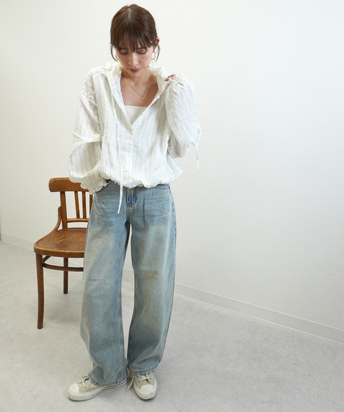 gossara(ゴサラ)の「【売れ筋アイテム】フード付ストライプシアーシャツ(シャツ/ブラウス・レディース・ベージュ/アイボリー・FREE)」の10枚目の写真
