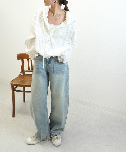 gossara(ゴサラ)の「【売れ筋アイテム】フード付ストライプシアーシャツ(シャツ/ブラウス・レディース・ベージュ/アイボリー・FREE)」の11枚目の写真