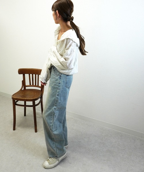 gossara(ゴサラ)の「【売れ筋アイテム】フード付ストライプシアーシャツ(シャツ/ブラウス・レディース・ベージュ/アイボリー・FREE)」の9枚目の写真