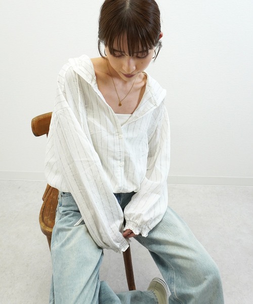 gossara(ゴサラ)の「【売れ筋アイテム】フード付ストライプシアーシャツ(シャツ/ブラウス・レディース・ベージュ/アイボリー・FREE)」の19枚目の写真