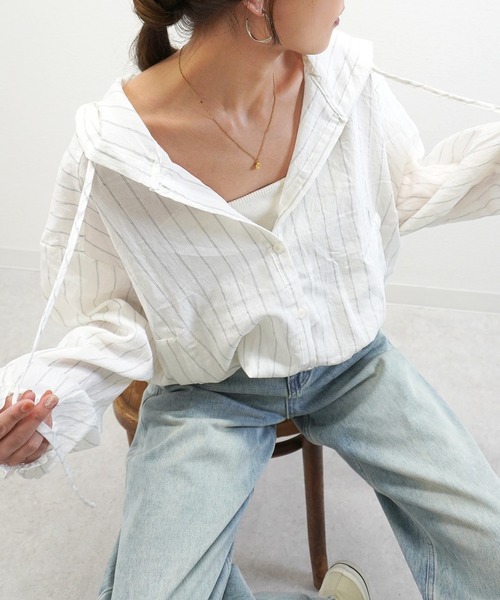 gossara(ゴサラ)の「【売れ筋アイテム】フード付ストライプシアーシャツ(シャツ/ブラウス・レディース・ベージュ/アイボリー・FREE)」の18枚目の写真