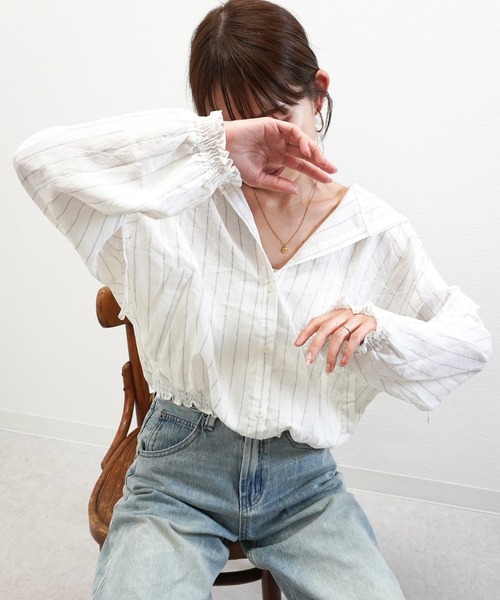 gossara(ゴサラ)の「【売れ筋アイテム】フード付ストライプシアーシャツ(シャツ/ブラウス・レディース・ベージュ/アイボリー・FREE)」の17枚目の写真