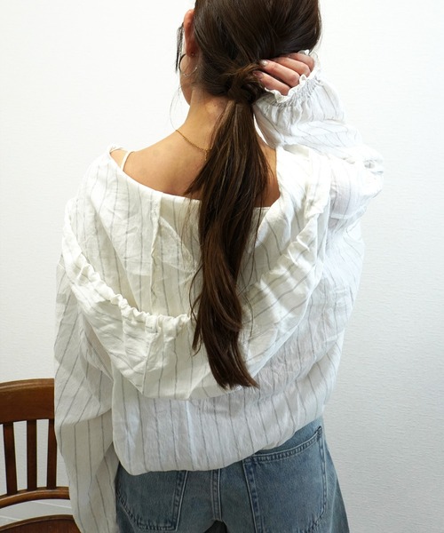 gossara(ゴサラ)の「【売れ筋アイテム】フード付ストライプシアーシャツ(シャツ/ブラウス・レディース・ベージュ/アイボリー・FREE)」の16枚目の写真