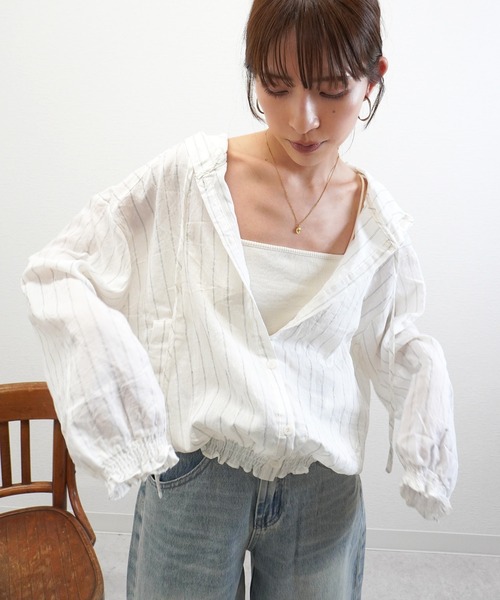 gossara(ゴサラ)の「【売れ筋アイテム】フード付ストライプシアーシャツ(シャツ/ブラウス・レディース・ベージュ/アイボリー・FREE)」の15枚目の写真
