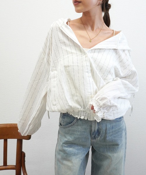 gossara(ゴサラ)の「【売れ筋アイテム】フード付ストライプシアーシャツ(シャツ/ブラウス・レディース・ベージュ/アイボリー・FREE)」の14枚目の写真