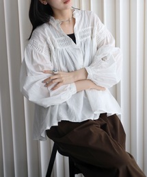 YENNA | インド綿エアリーボリュームスリーブタックデザインシアーブラウス(シャツ/ブラウス)