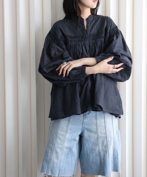 YENNA(イェンナ)の「インド綿エアリーボリュームスリーブタックデザインシアーブラウス(シャツ/ブラウス・レディース・スミクロ/ホワイト・FREE)」の21枚目の写真