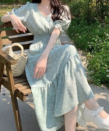 小花柄パフスリーブ フレアロングワンピース
