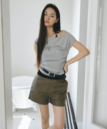 フラワーグラフィックワンショルダーティーシャツグレーMDTS089GRAY