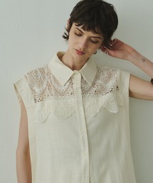 Lace Scallop Linen French Sleeve Shirt / リネン混スカラップレースフレンチシャツ