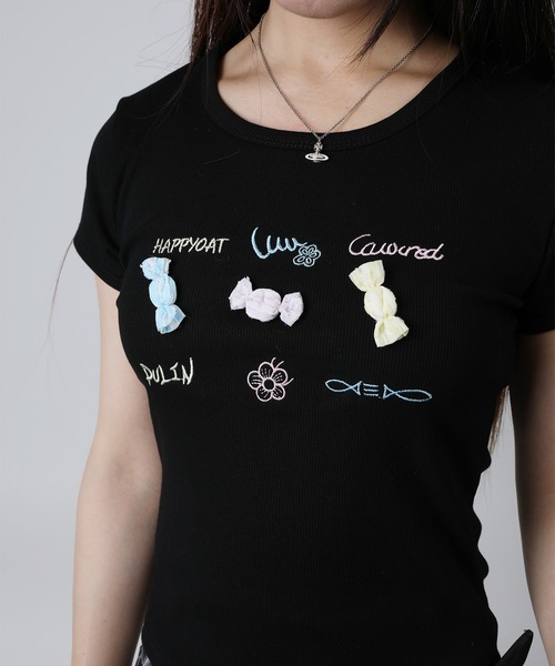 HOOK(フック)の「HOOK for girls リボンモチーフ刺繍 × コンパクトフィット T (SS)(Tシャツ/カットソー・レディース・ブラック/グレー/ホワイト/ブルー・FREE)」の3枚目の写真