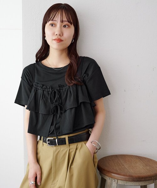 DISCOAT(ディスコート)の「フリルキャミセットボーダープルオーバー(Tシャツ/カットソー・レディース・グレー/ブラック/サックスブルー/アイボリー・FREE)」の11枚目の写真
