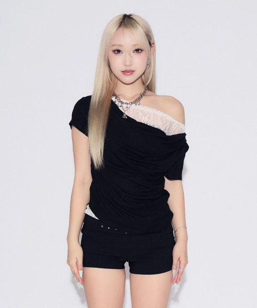 tinkerend(ティンカーエンド)の「Faux Layered Lace Top / フェイクレイヤードレーストップス(Tシャツ/カットソー・レディース・ブラック/ライトグレー・FREE)」の3枚目の写真