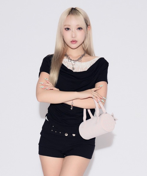 tinkerend(ティンカーエンド)の「Faux Layered Lace Top / フェイクレイヤードレーストップス(Tシャツ/カットソー・レディース・ブラック/ライトグレー・FREE)」の6枚目の写真