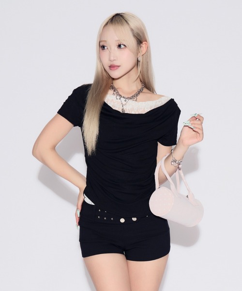 tinkerend(ティンカーエンド)の「Faux Layered Lace Top / フェイクレイヤードレーストップス(Tシャツ/カットソー・レディース・ブラック/ライトグレー・FREE)」の7枚目の写真