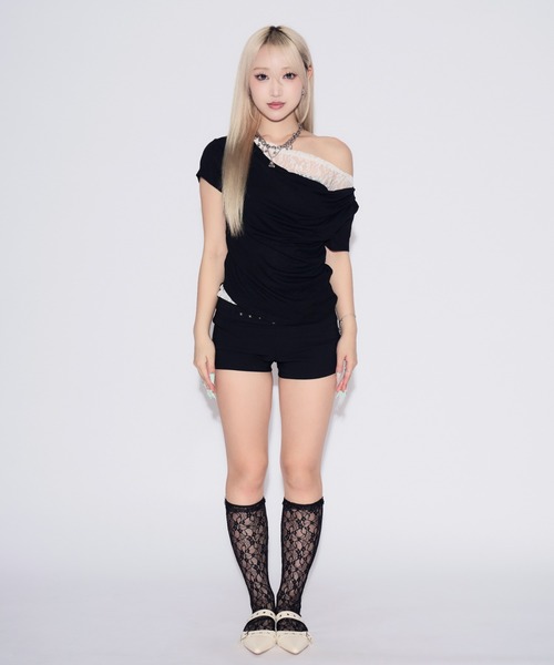 tinkerend(ティンカーエンド)の「Faux Layered Lace Top / フェイクレイヤードレーストップス(Tシャツ/カットソー・レディース・ブラック/ライトグレー・FREE)」の8枚目の写真