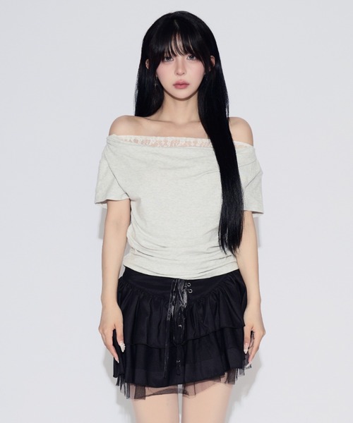 tinkerend(ティンカーエンド)の「Faux Layered Lace Top / フェイクレイヤードレーストップス(Tシャツ/カットソー・レディース・ブラック/ライトグレー・FREE)」の14枚目の写真
