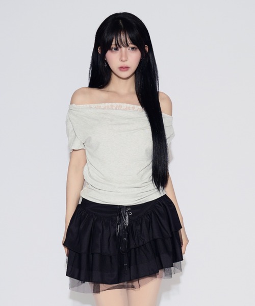 tinkerend(ティンカーエンド)の「Faux Layered Lace Top / フェイクレイヤードレーストップス(Tシャツ/カットソー・レディース・ブラック/ライトグレー・FREE)」の15枚目の写真