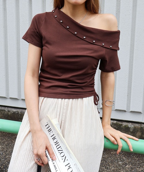 SpRay(スプレイ)の「スタッズ付オフタートルトップス(Tシャツ/カットソー・レディース・グレー/ブラック/ボルドー/ブラウン/ホワイト・FREE)」の14枚目の写真
