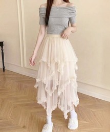 ティアードフリル アシンメトリーチュールレース ロングスカート