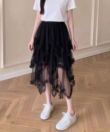 ティアードフリル アシンメトリーチュールレース ロングスカート