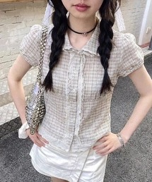 チェックレースブラウス