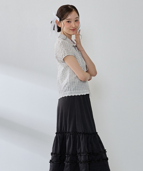 P.V.T(ピーブイティー)の「チェックレースブラウス(シャツ/ブラウス・レディース・ブルー/ホワイト/ネイビー・M)」の13枚目の写真