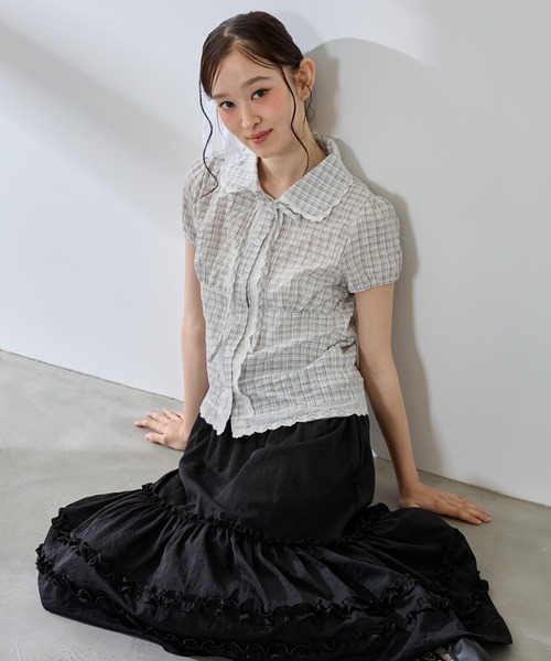 P.V.T(ピーブイティー)の「チェックレースブラウス(シャツ/ブラウス・レディース・ブルー/ホワイト/ネイビー・M)」の4枚目の写真