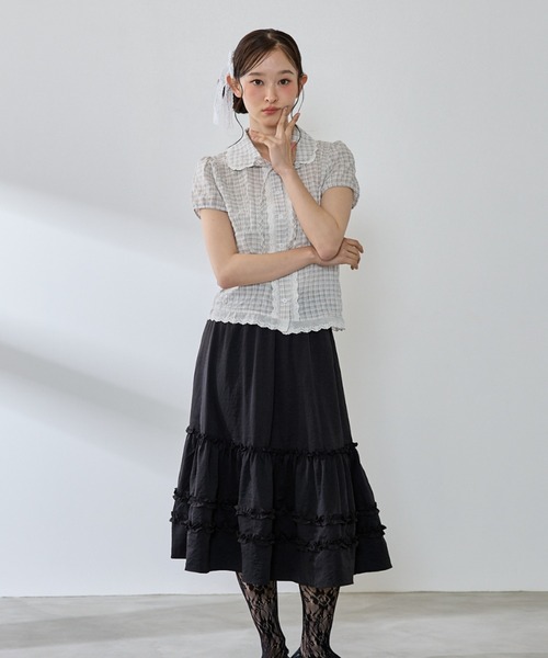 P.V.T(ピーブイティー)の「チェックレースブラウス(シャツ/ブラウス・レディース・ブルー/ホワイト/ネイビー・M)」の5枚目の写真
